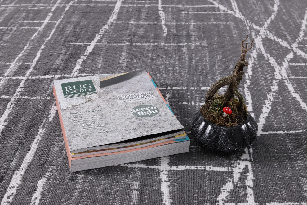 Low-Pile Pierce Charcoal/Ivory Rug, Charcoal, 8'8"x12'