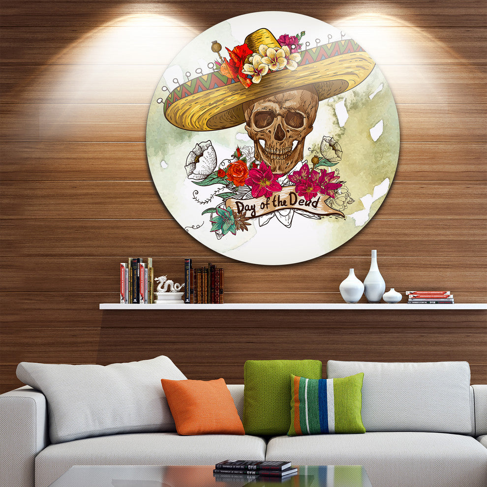 Skull In Sombrero With Flowers, Digital Floral Disc Metal Wall Art, 23"