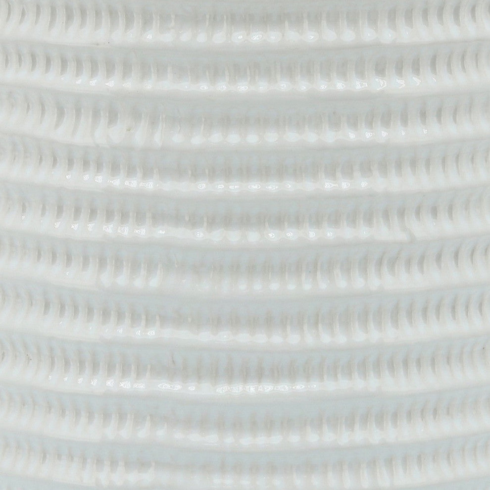 Ceramic Planter with Textured Pattern and Wooden Stand, White