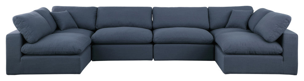 Comfy Upholstered U-Shaped Modular Sectional, Navy, 6-Piece: 4 Armless Chair, 2 Corner Chair, Linen Textured Fabric