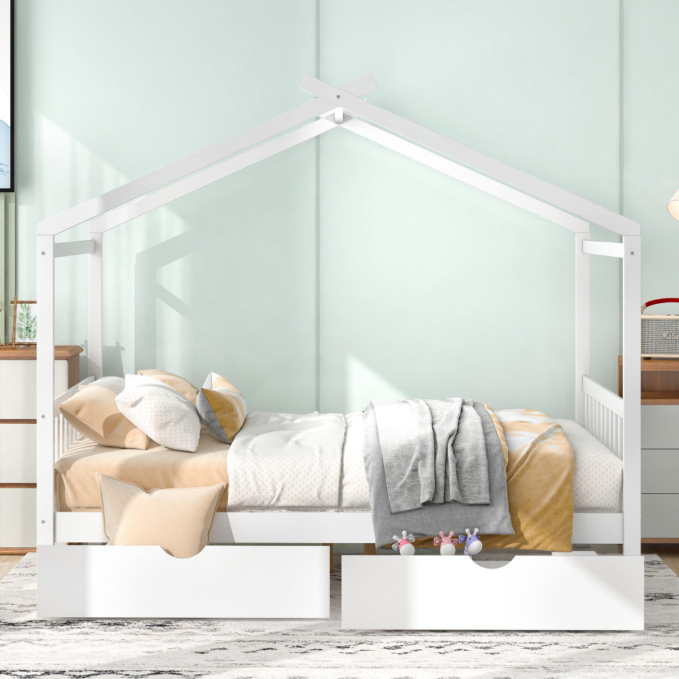 Gewnee Full Size House Platform Bed with Two Drawers,Headboard in White