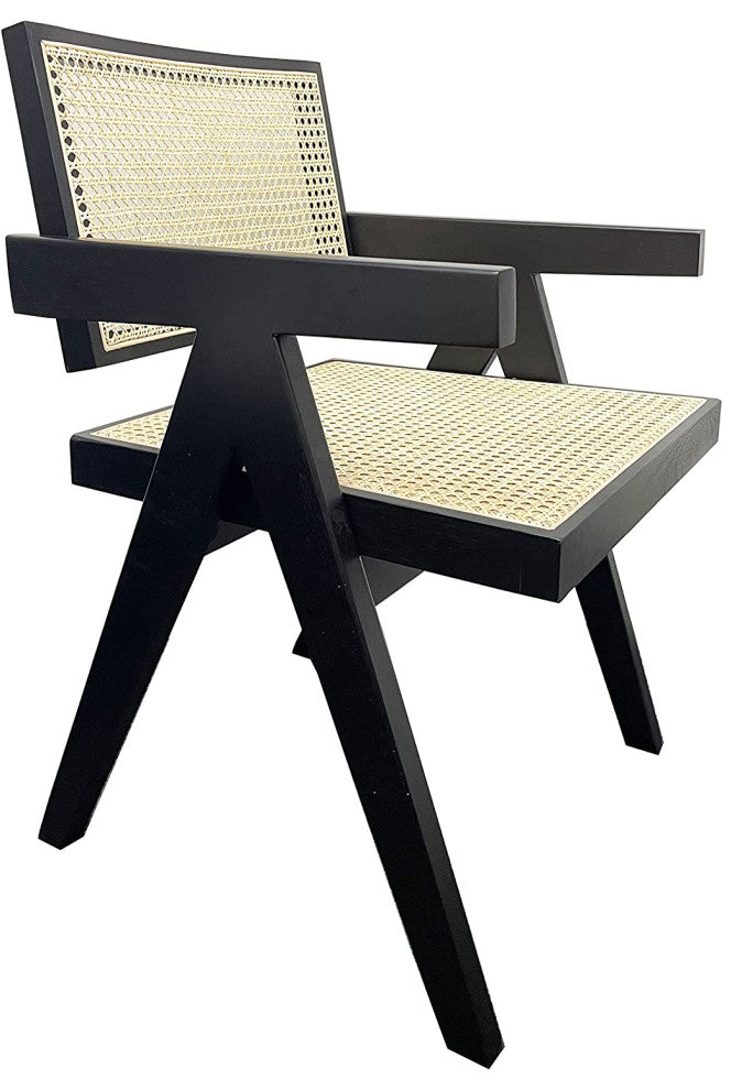 First of a Kind Rattan Cane Dining Chair Wooden Frame Accent, Black