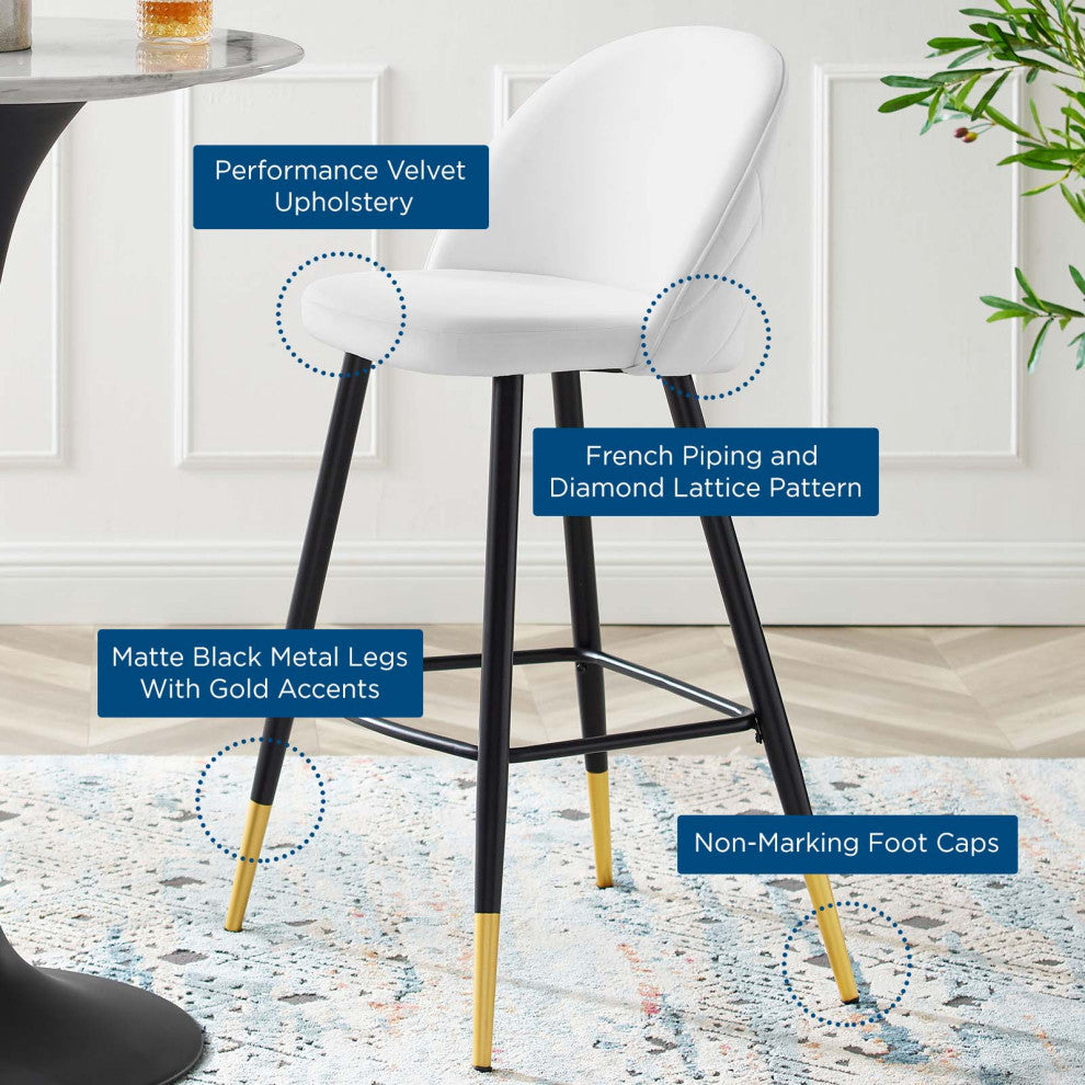 Bar Stool Chair Barstool, Set of 2, Velvet, Metal, White, Modern, Bar Pub Bistro