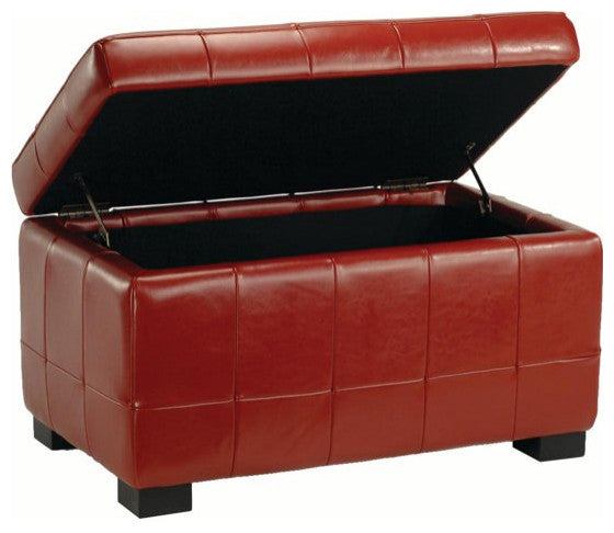 Tufted Storage Bench, Contemporary Square Stitched Faux Leather Upholstery, Red