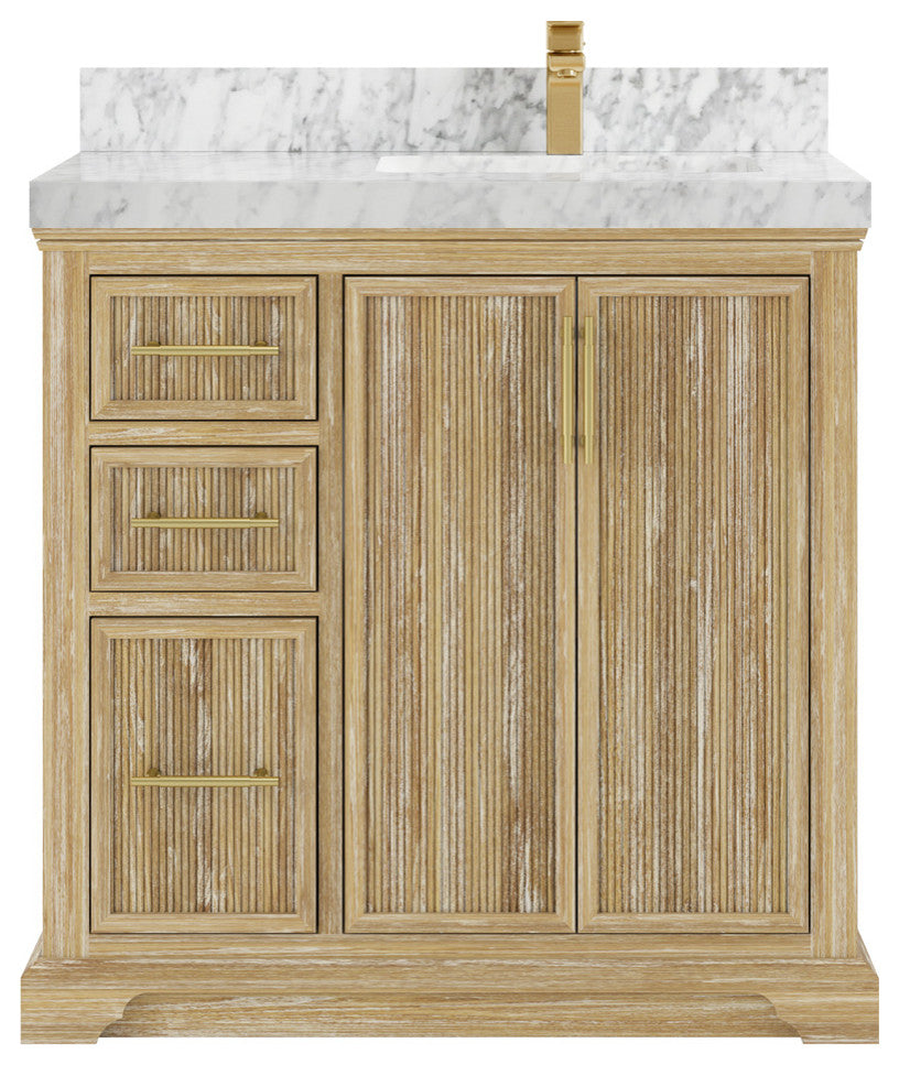 Alys Teak 36 Bathroom Vanity Right Offset Sink Whitewashed 2" Carrara Marble