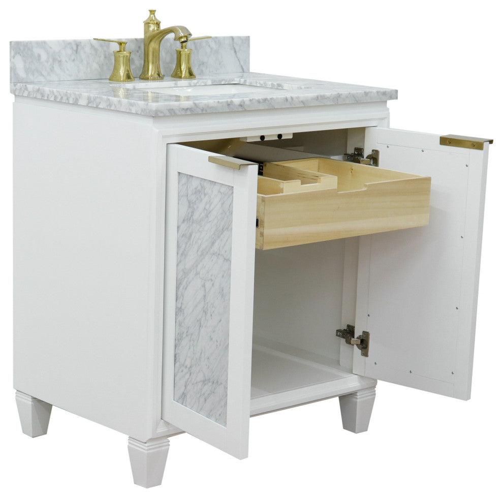 31" Single Sink Vanity, White Finish With White Carrara Marble