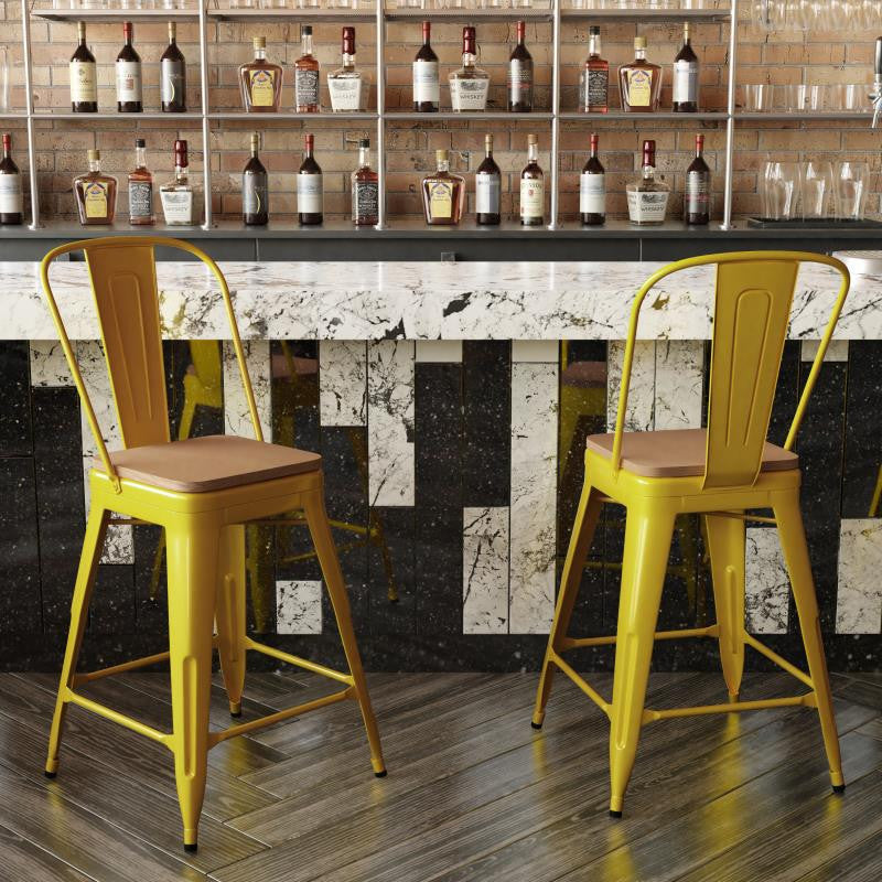 Kai Commercial Grade 24" Metal Indoor-Outdoor Counter Stool w/Removable Seat, Yellow/Teak