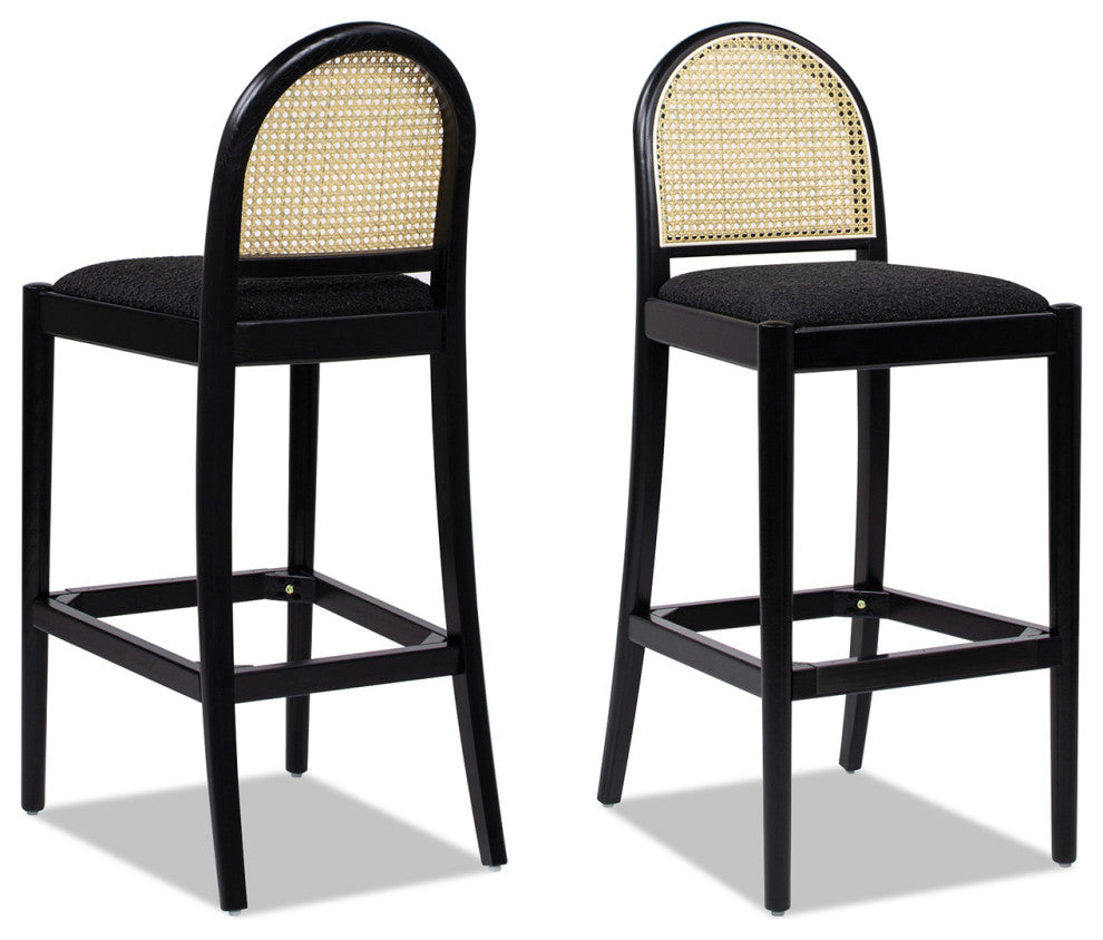 Panama Curved Back Cane Rattan Stool, Set of 2, Ebony Black Boucle, 30" Bar Height