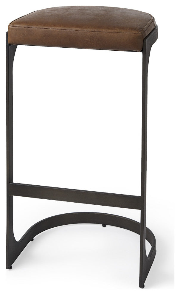 Brown Leather C Shape Metal Bar Stool