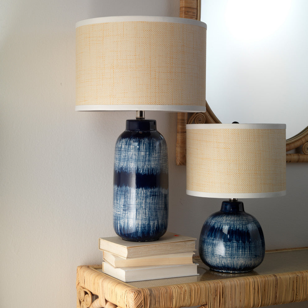 Small Batik Table Lamp, Indigo Ceramic With Small Drum Shade, Raffia