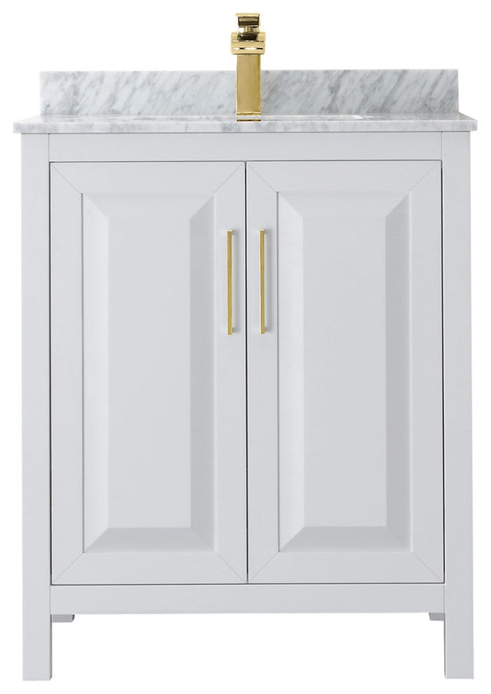 30" Single Bath Vanity, White, White Carrara Countertop, Sink, Gold Trim
