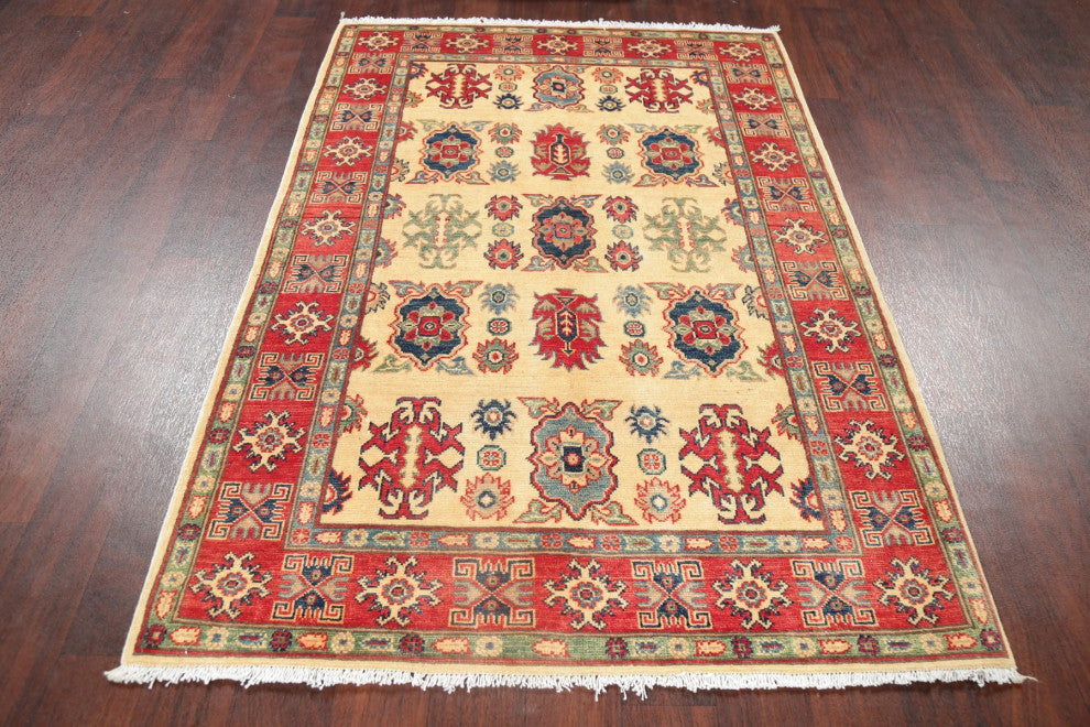 Traditional Kazak Oriental Hand Made Pakistani Area Rug, Beige, 5'10"x4'0