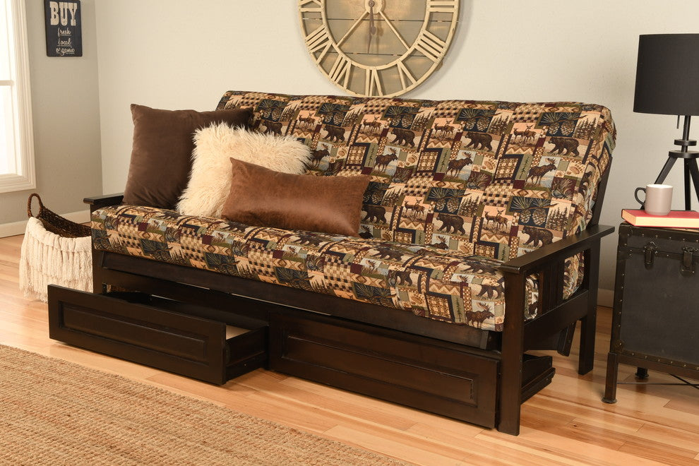 Caleb Frame Futon With Espresso Finish, Storage Drawers, Peter's Cabin