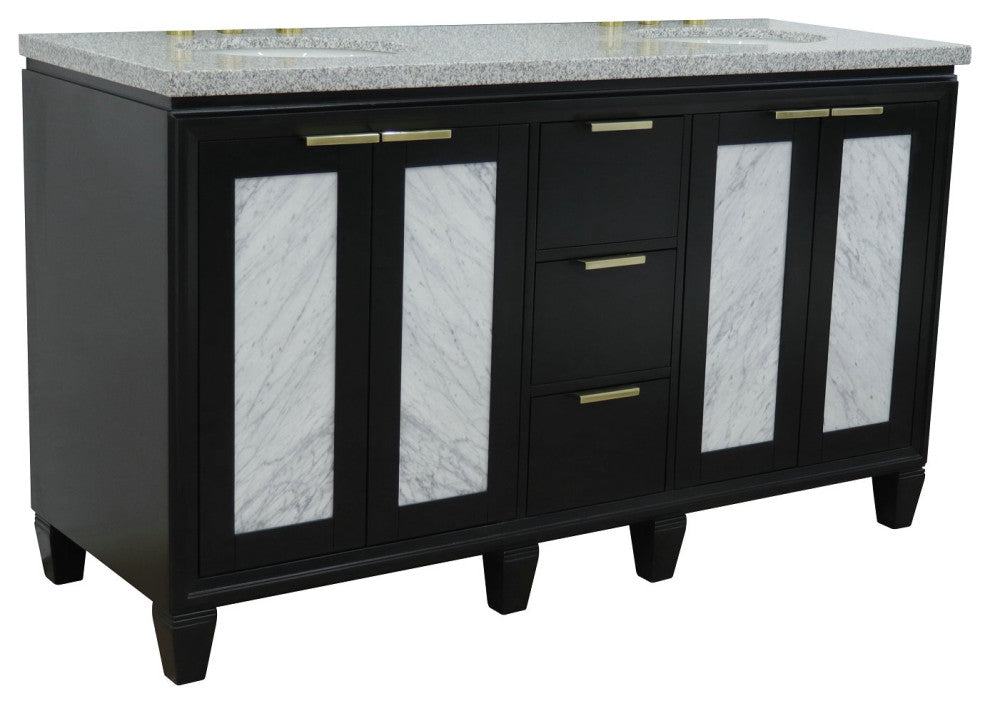 61" Double Sink Vanity, Black Finish With Gray Granite And Oval Sink