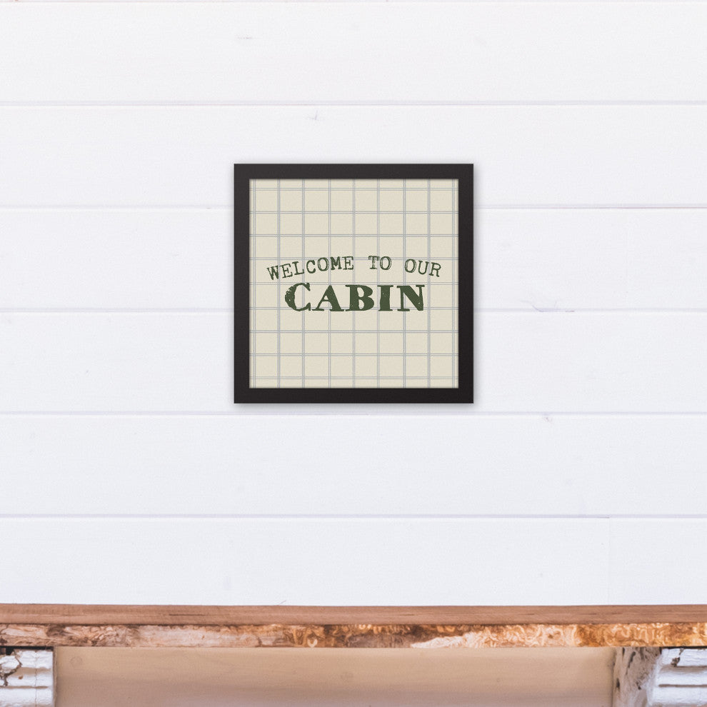 Welcome to our Cabin Gray and Cream Check 13.73x13.73 Black Framed Canvas