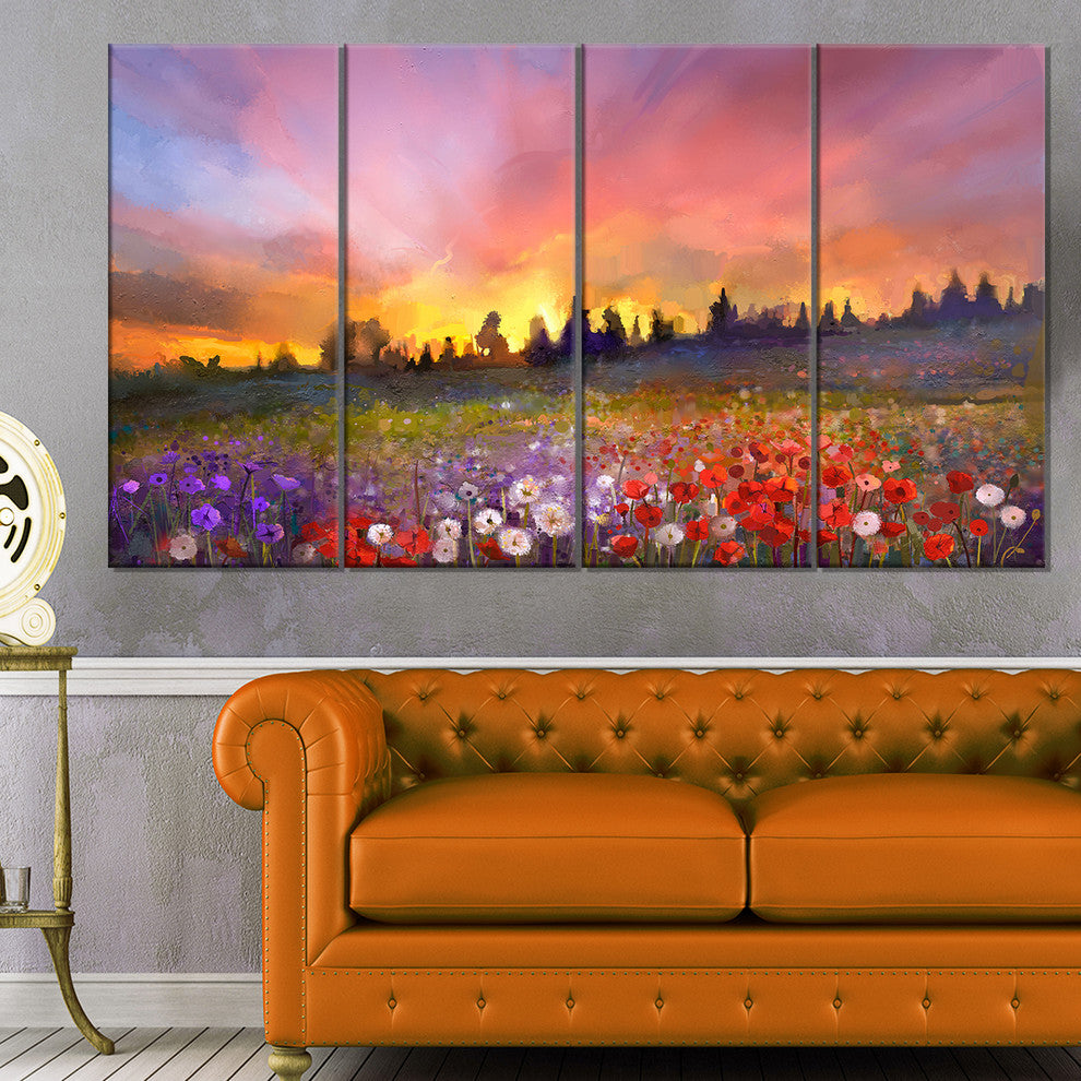 Field of Poppy Dandelion and Daisy, Floral Canvas Artwork, 48"x28", 4 Panels