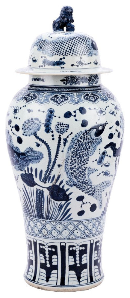 Blue And White Porcelain Fish Temple Jar Lion Lid, XL