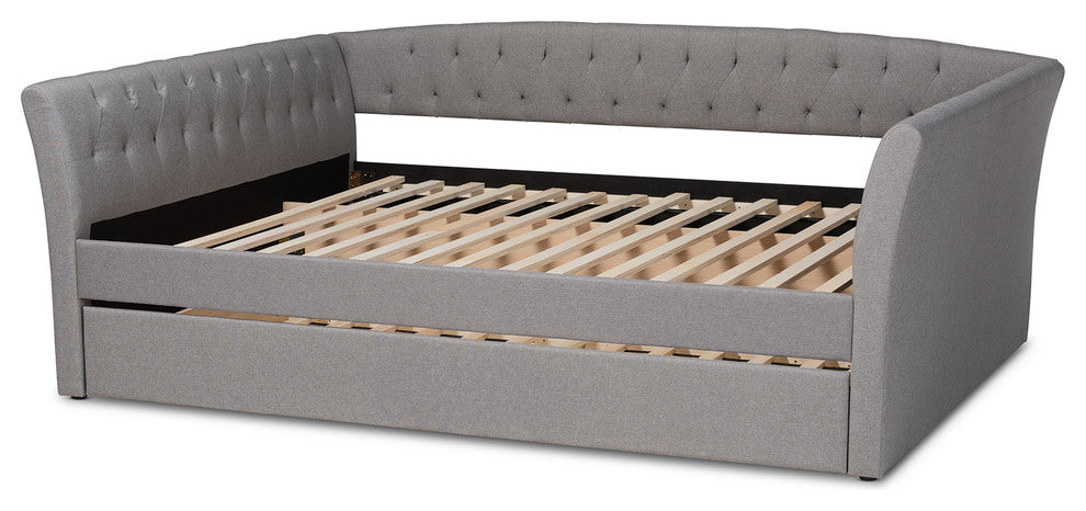Qintal Fabric Upholstered Queen Size Daybed With Roll-Out Bed, Light Gray