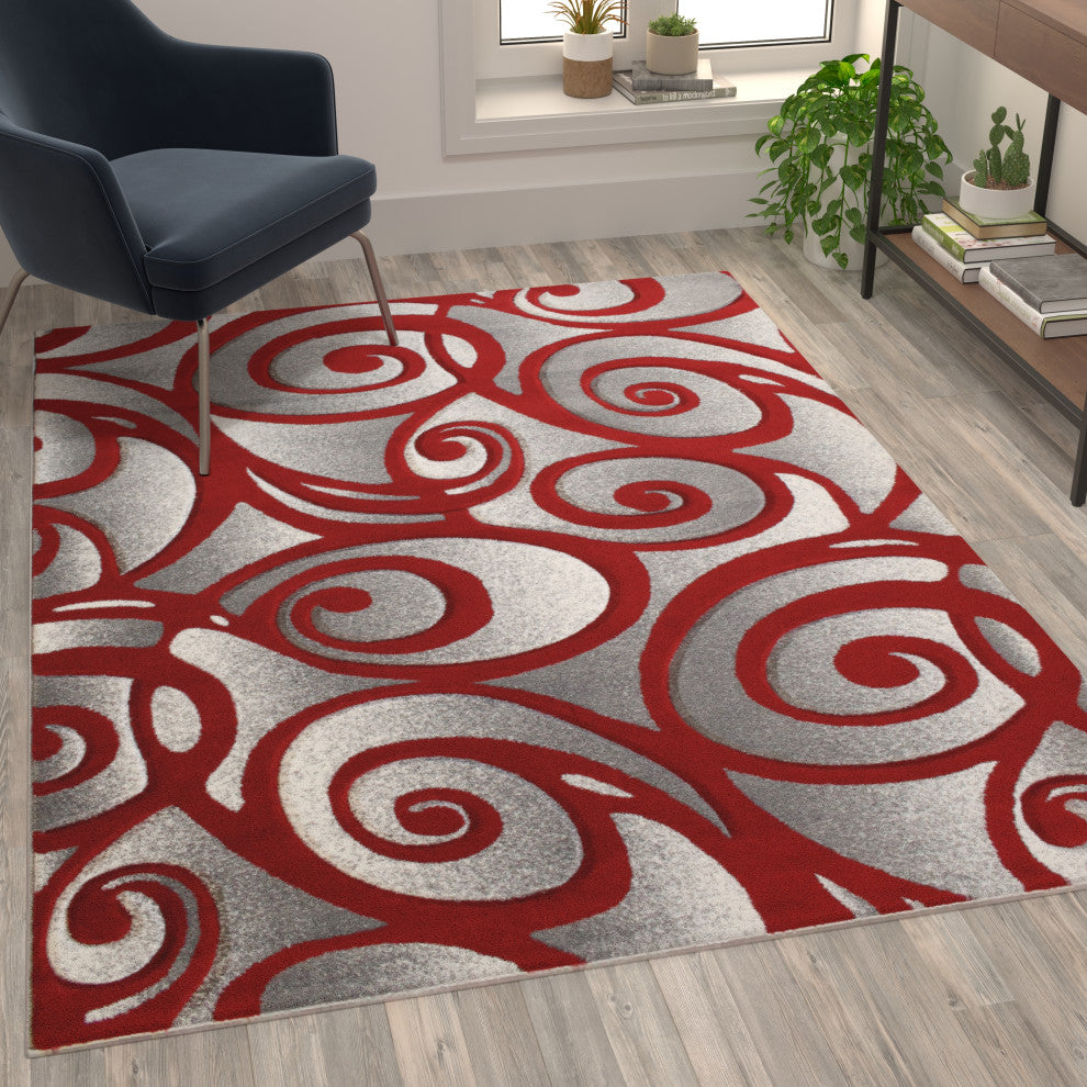 Angie Collection Modern Rectangle 5' x 7' High-Low Pile Swirled Area Rug, Red