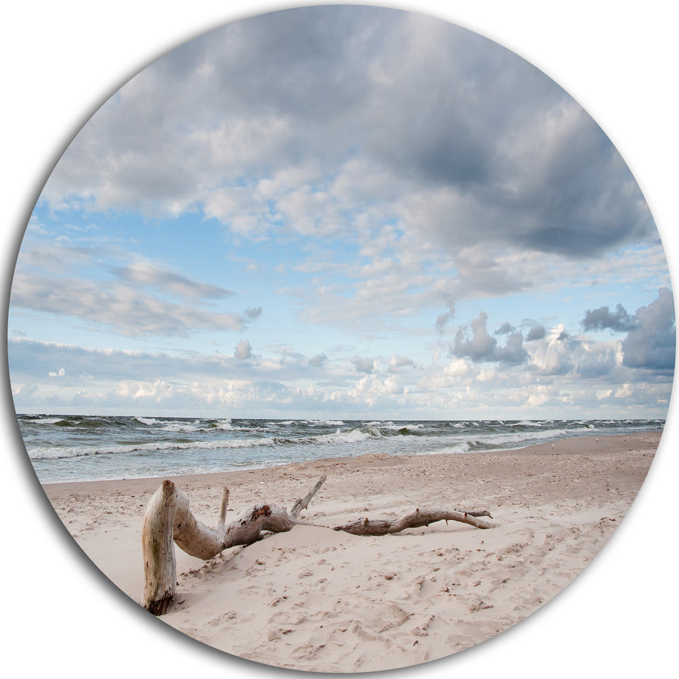 Piece Of Wood On Beach, Modern Seascape Round Metal Wall Art, 23"