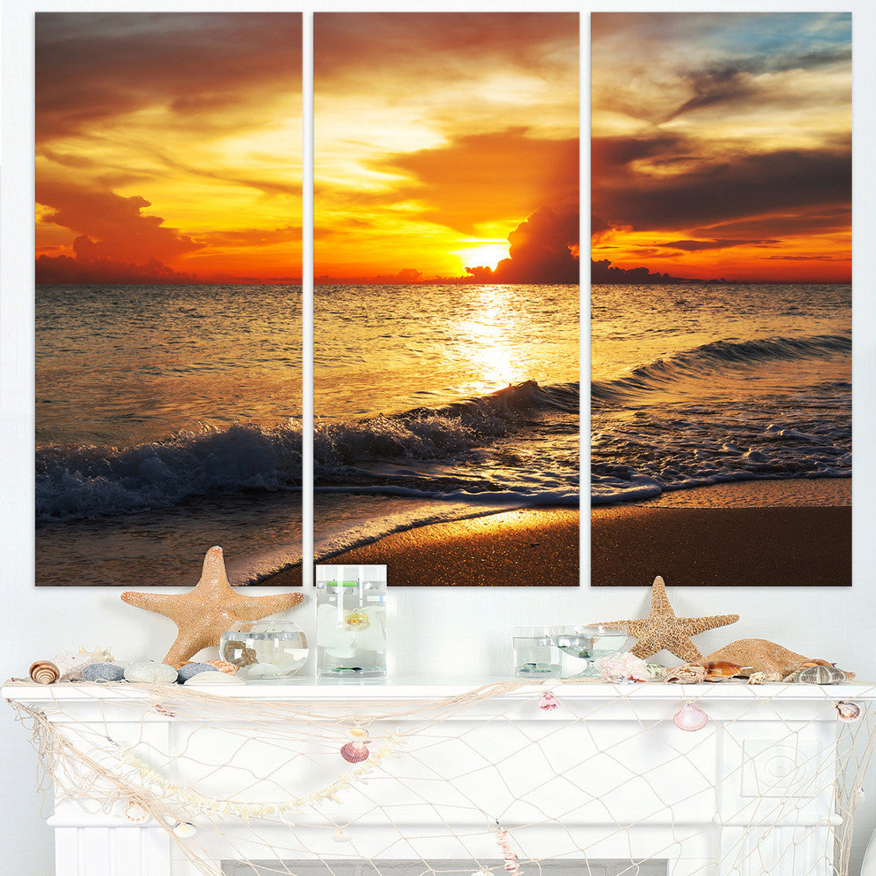 "Colorful Dramatic Sunset Over Waves" Beach Metal Wall Art, 3 Panels, 36"x28"