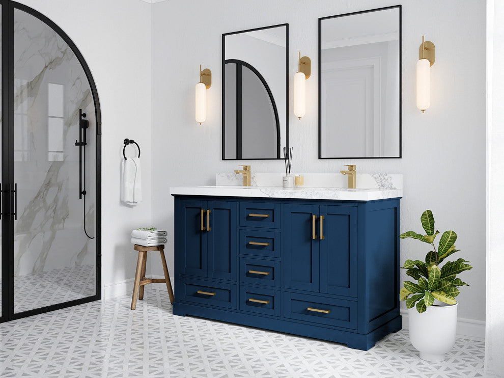 Boston 60 Double Bathroom Vanity in Navy Blue 2" Calacatta Laza