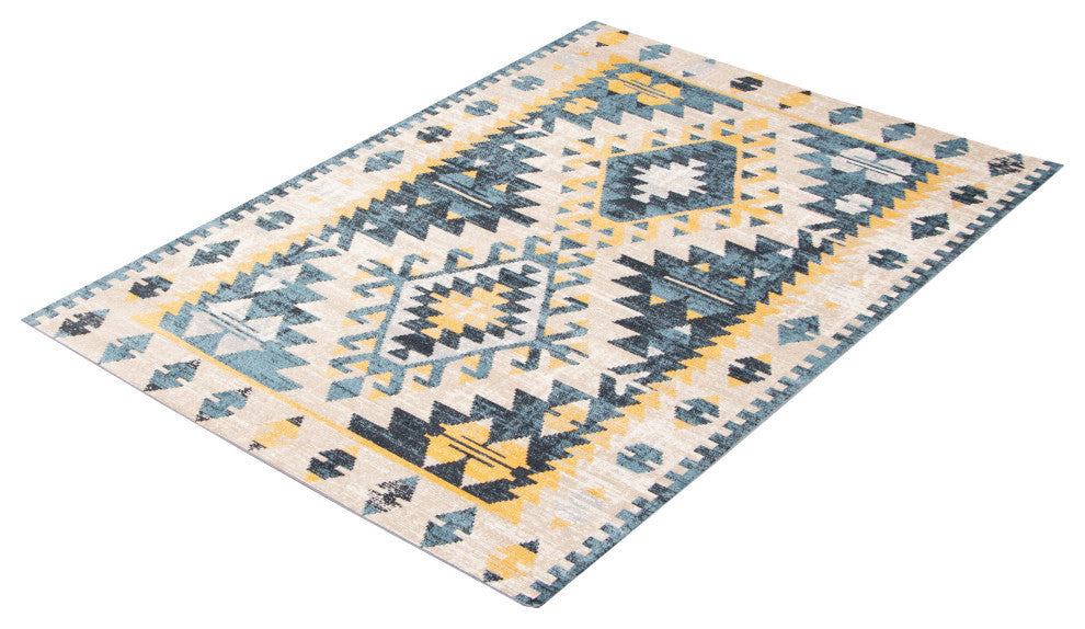 Aqua Mosaic Area Rug, Taupe/Blue, 5'x7'