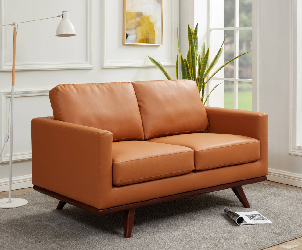 LeisureMod Chester Modern Leather Loveseat With Birch Wood Base, Cognac Tan