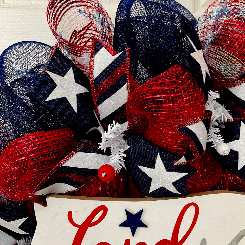 Land That I Love Patriotic Handmade Deco Mesh Wreath, 28 Inch