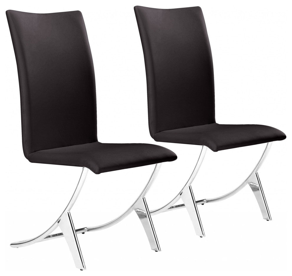 Set of Two Contempo Slim Brown Faux Leather and Stainless Dining Chairs