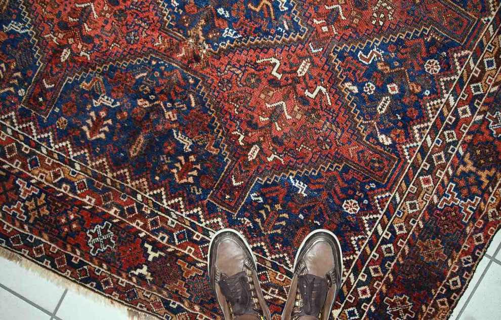 Handmade antique Persian Khamseh rug 6' x 6.4' (156cm x 194cm) 1900s