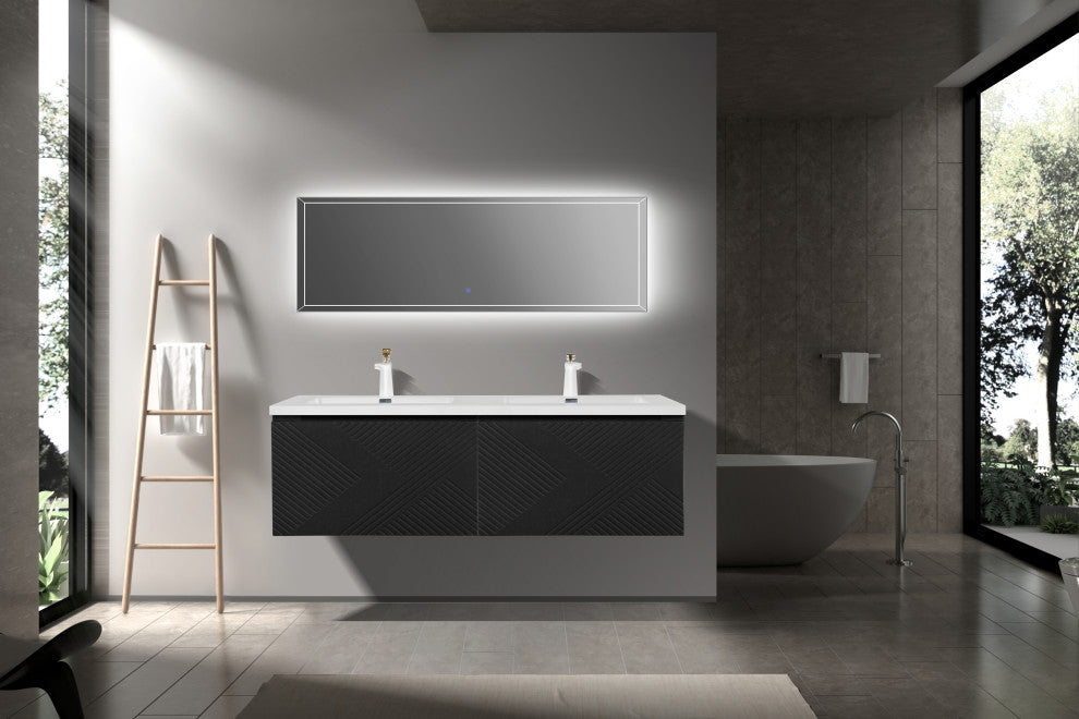 Matte Black Wall Mount Bath Vanity, Integrated Sink, White Sink, 72" Double Sink