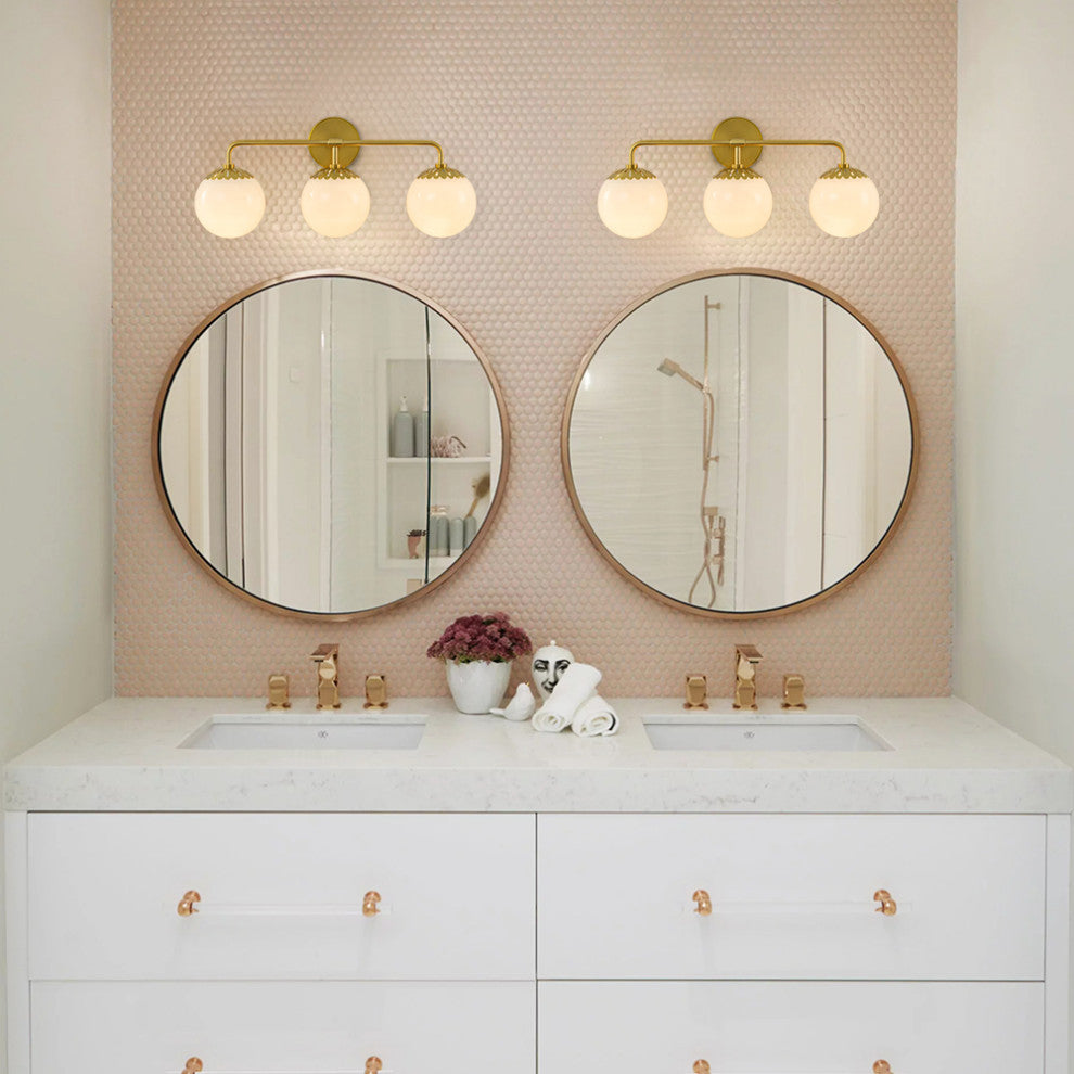 Brass 3-Light Flower Milky Glass Globe Vanity Wall Light