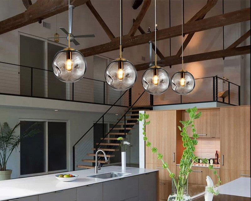 Loft Champagne/Grey Glass Ball LED Pendant Lamp For Restaurant, Lobby, Champagne