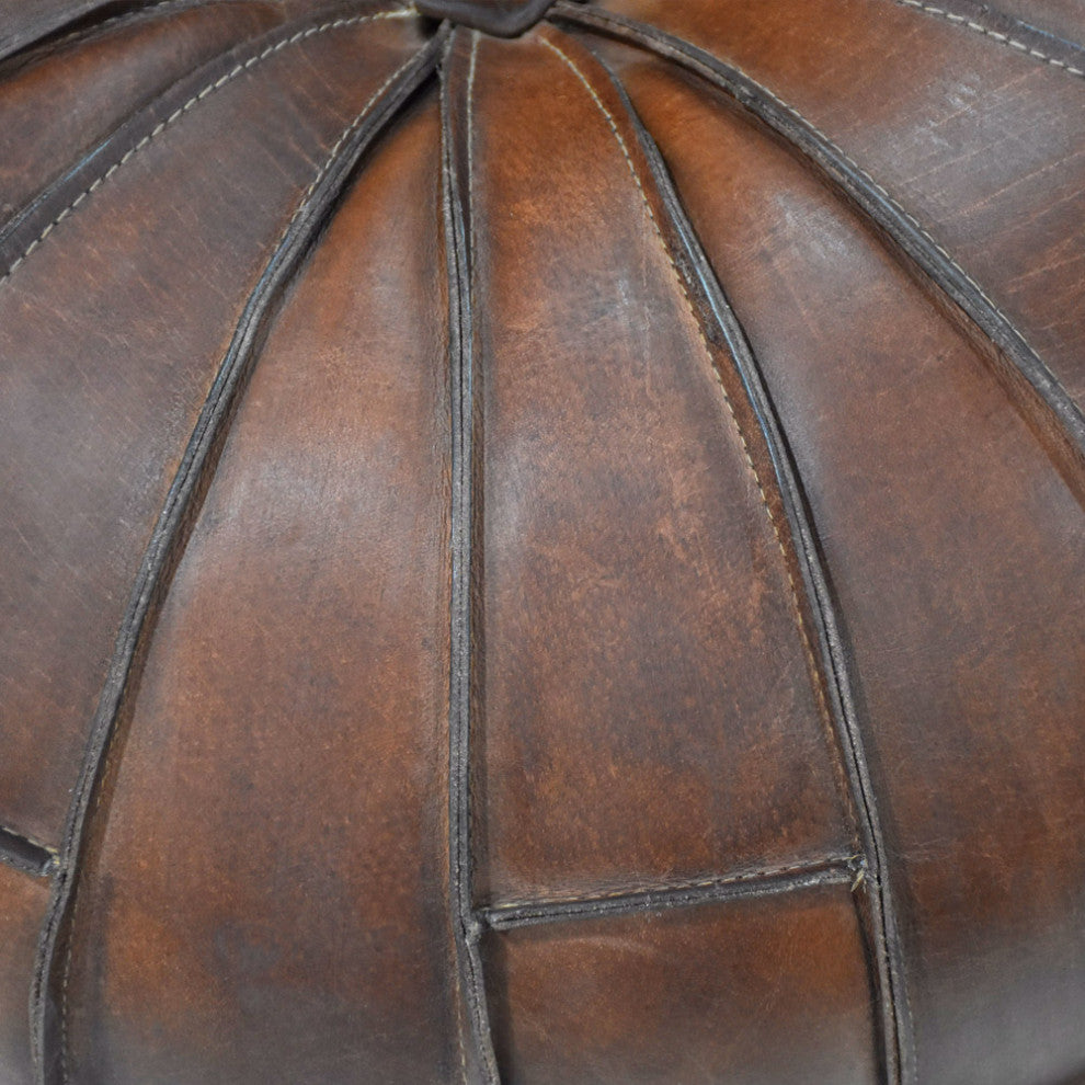Solid Handmade Leather Pouf Brown, 21x21x12