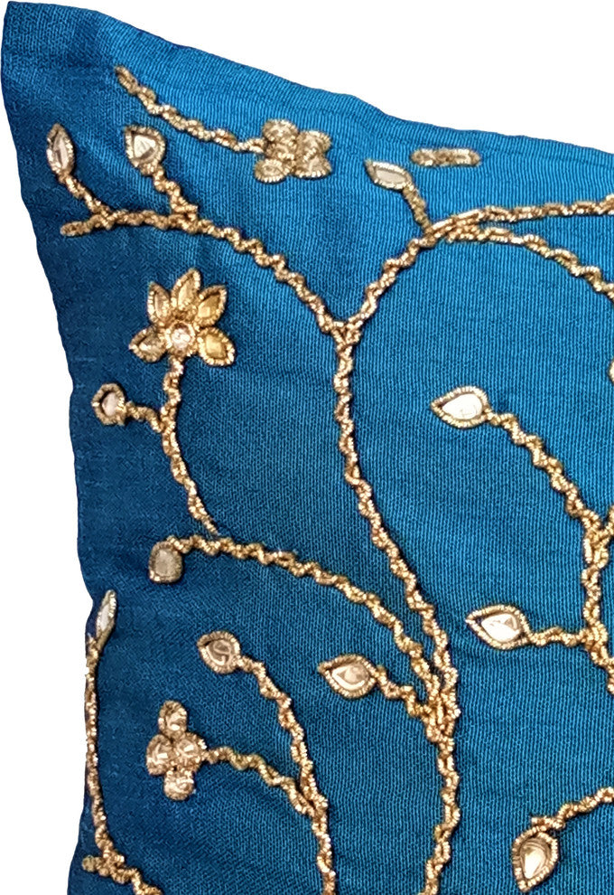 Blue Decorative Pillow Shams 24"x24" Silk, Peacock Blue Ivy