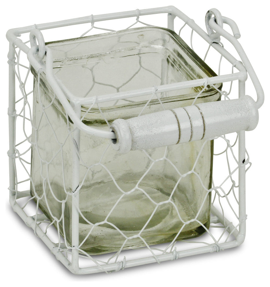 Laguna Wire Basket With Glass Jar, White, Large, Small