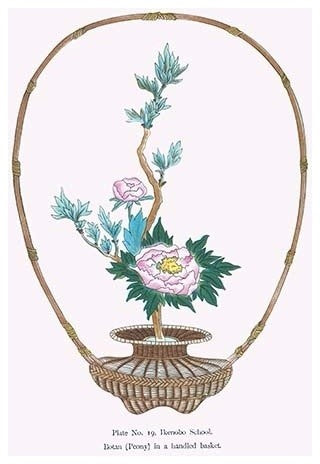 Botan (Peony) in a Handheld Basket - Gallery Wrapped Canvas Art 28" x 42"