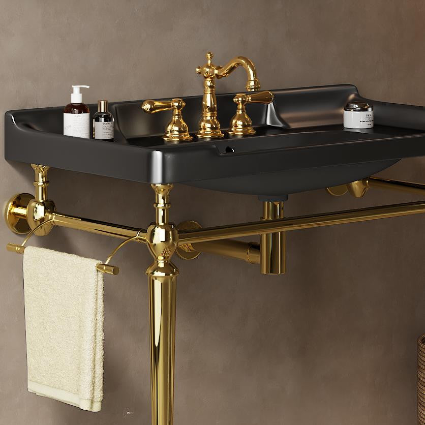 Wall-Mounted Black Ceramic Vanity Basin with Stainless Steel Support Legs, Gold
