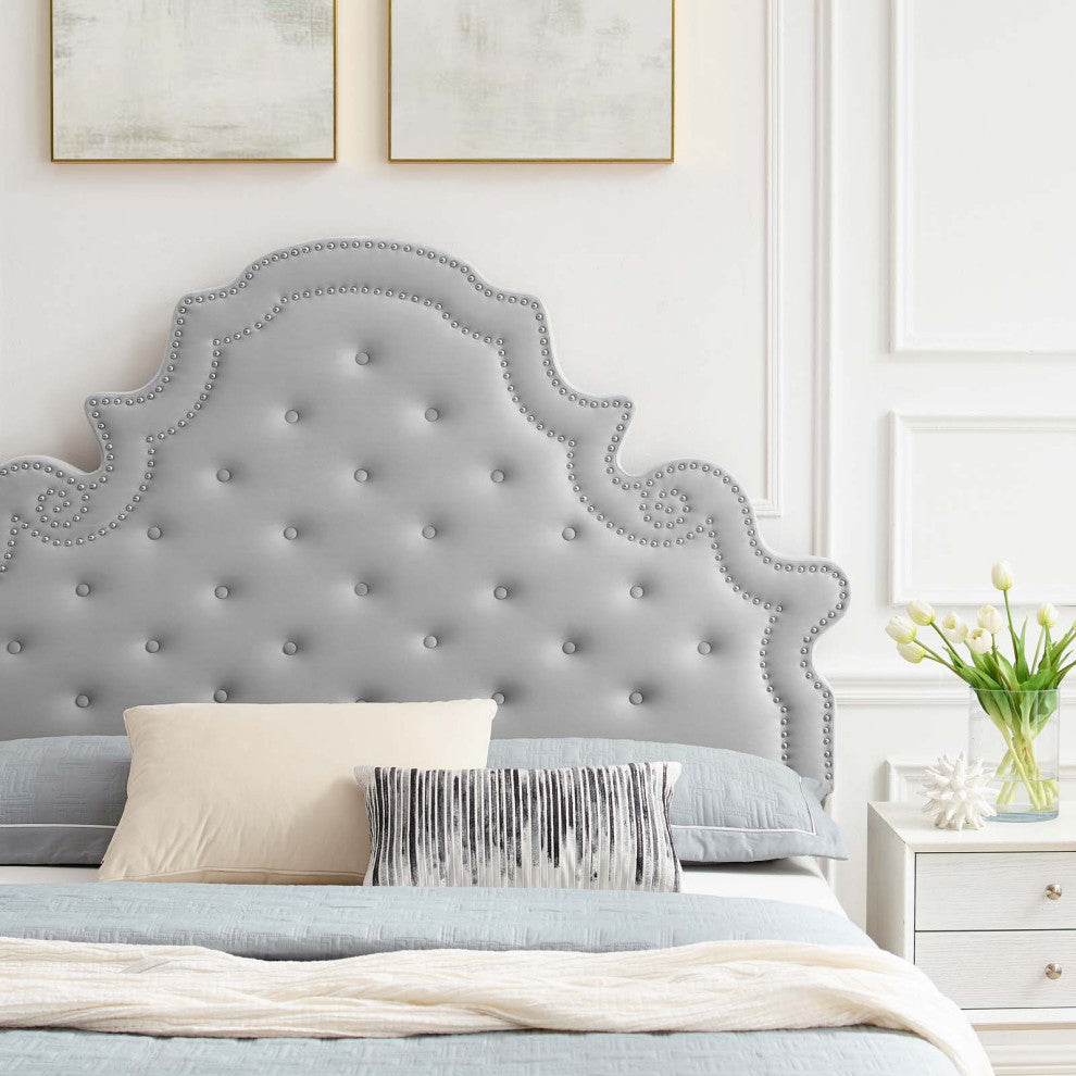 Tufted Platform Bed Frame, Queen Size, Velvet, Gray, Modern Contemporary