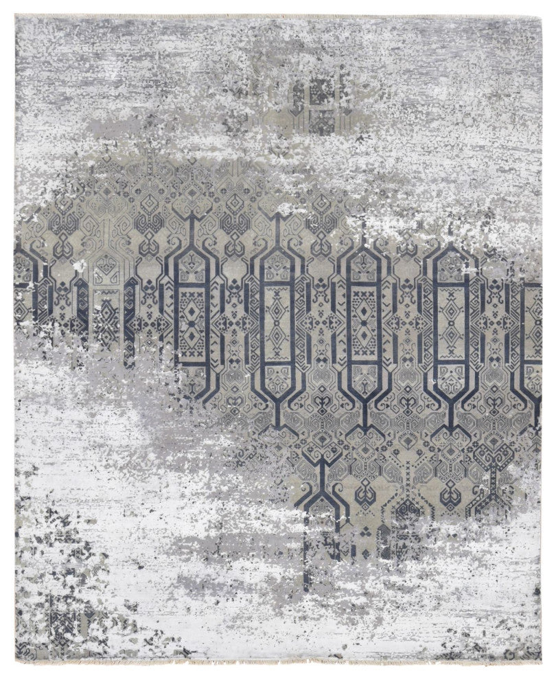Gray, Broken and Erased Design, Art Wool and Silk Hand Knotted Rug, 8'x9'10"