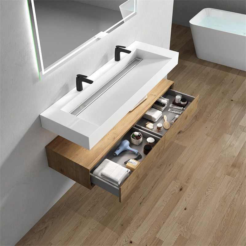 Alysa 60'' Floating Vanity, Acrylic Sink, Double Faucet Hole, White Oak