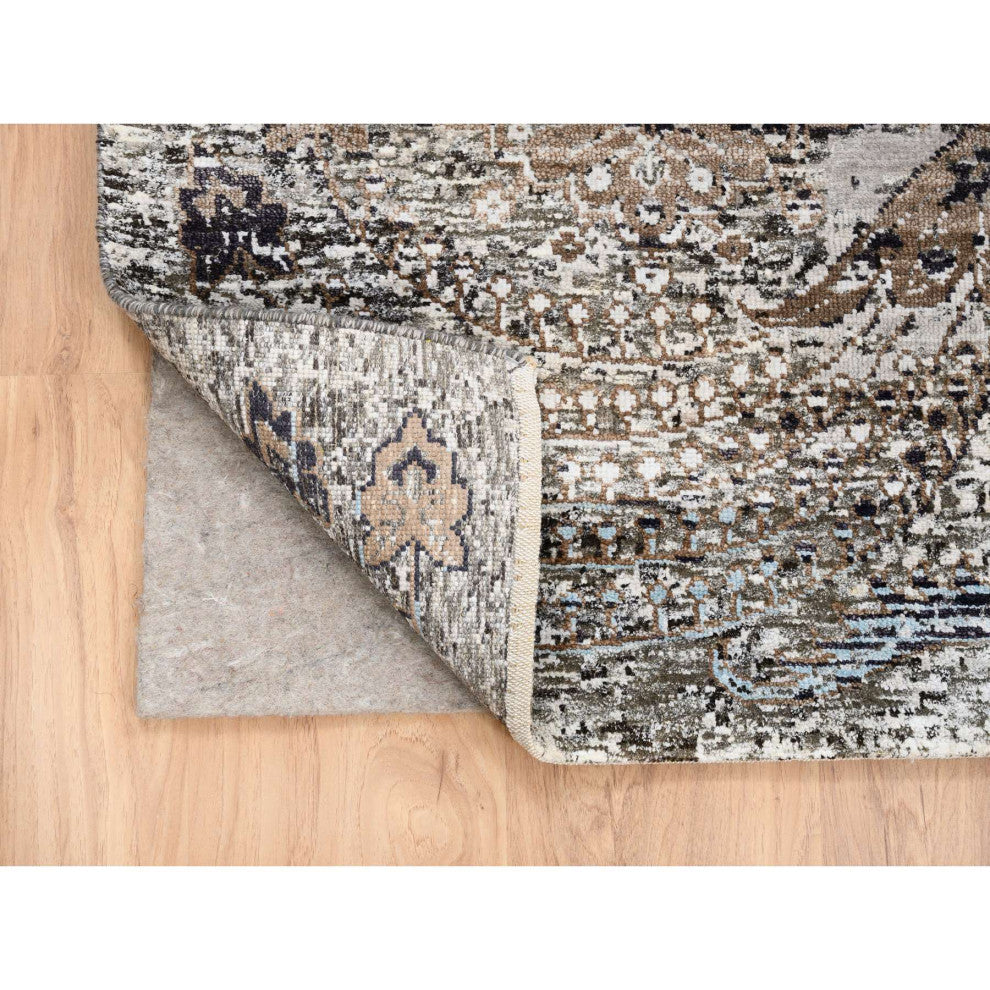 Gray, Hand Knotted, Modern, Silk with Textured Wool, Square Rug, 8'0" x 8'1"
