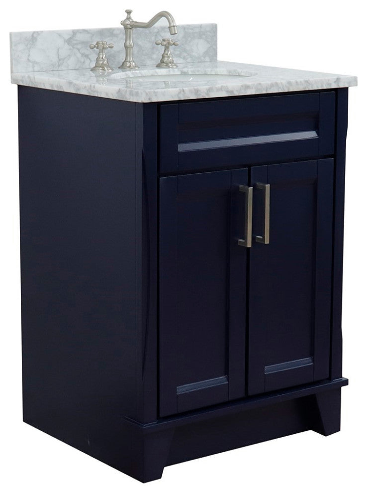 25" Single Sink Vanity, Blue Finish With White Carrara Marble And Oval Sink
