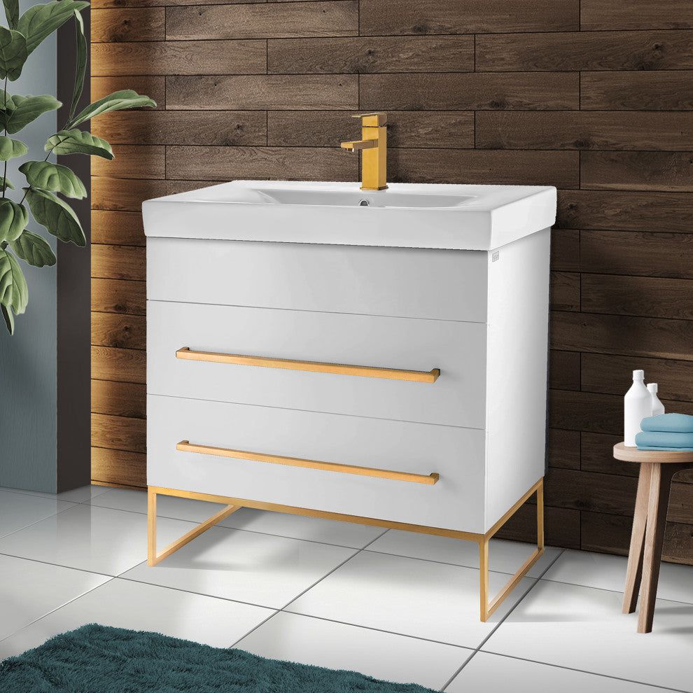 Fine Fixtures Modern Vanity Set, White, 36", Satin Brass Hardware