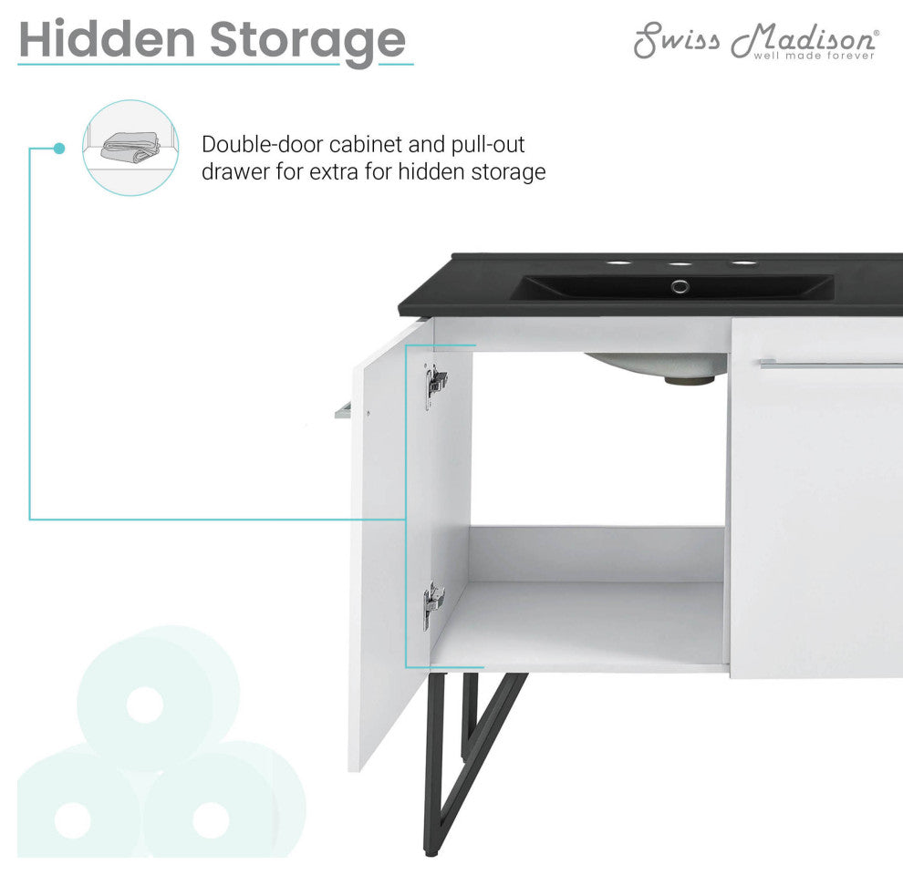 Annecy 60" White, Double Basin Bathroom Vanity With Black, 3-Hole Sink Top