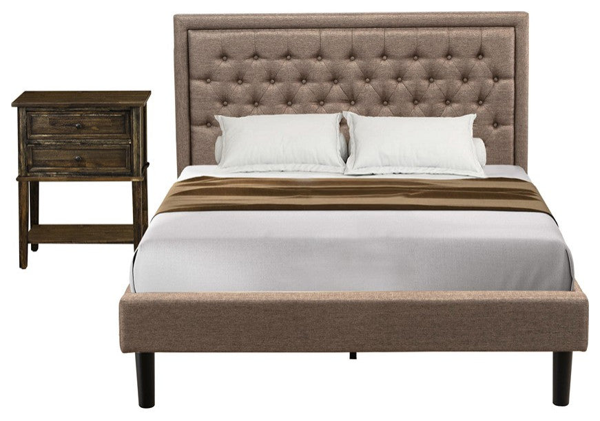 2Pc Queen Size Bed Set, 1 Platform Bed Dark Khaki, 1 Wood Nightstand