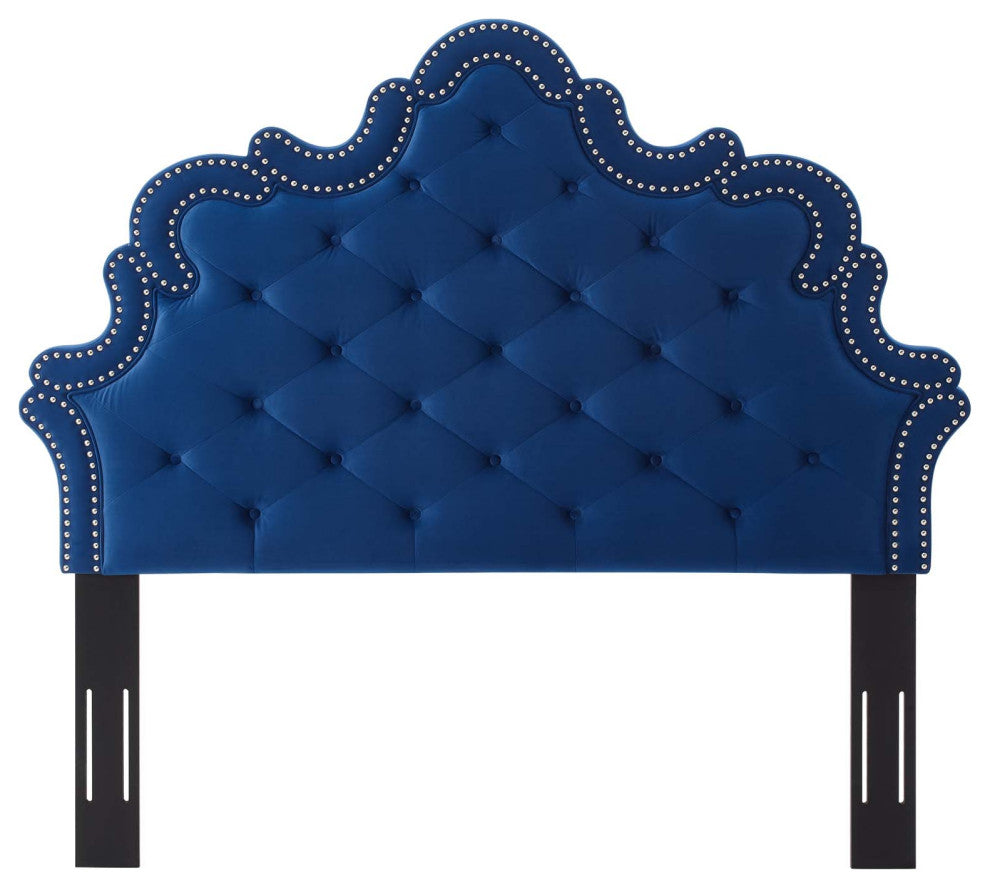 Tufted Headboard, Nailhead, Twin Size, Blue Navy, Velvet, Modern, Mid Century