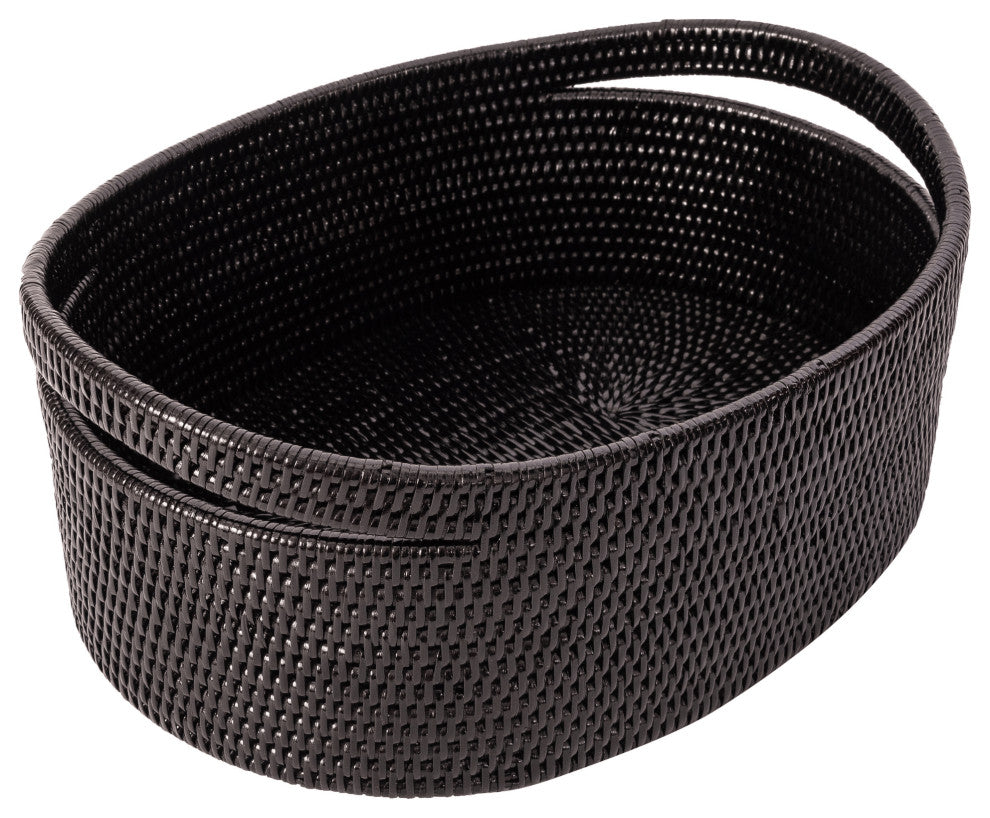 Artifacts Rattan Oval Basket With Cutout Handles, Tudor Black