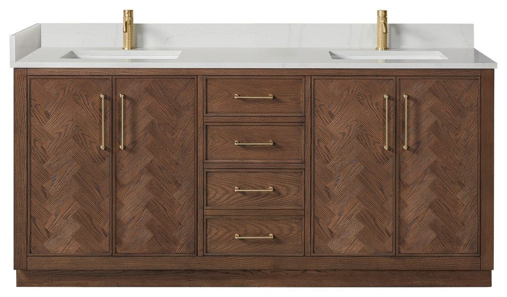 Jakarta Bath Vanity, Quartz Top No Mirror, Dark Brown Oak, 72", Double Vanity